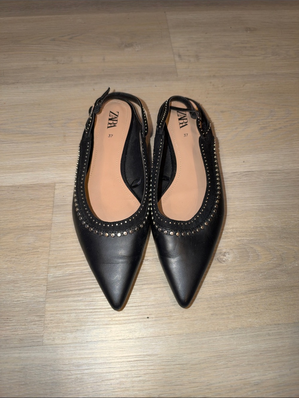 ZARA Black Pointed Slingback Flats with Silver Stud Trim